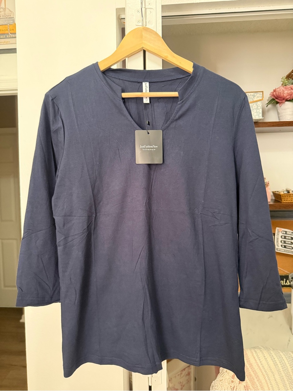 Just Fashion Now Navy Long-Sleeve V-Neck Top